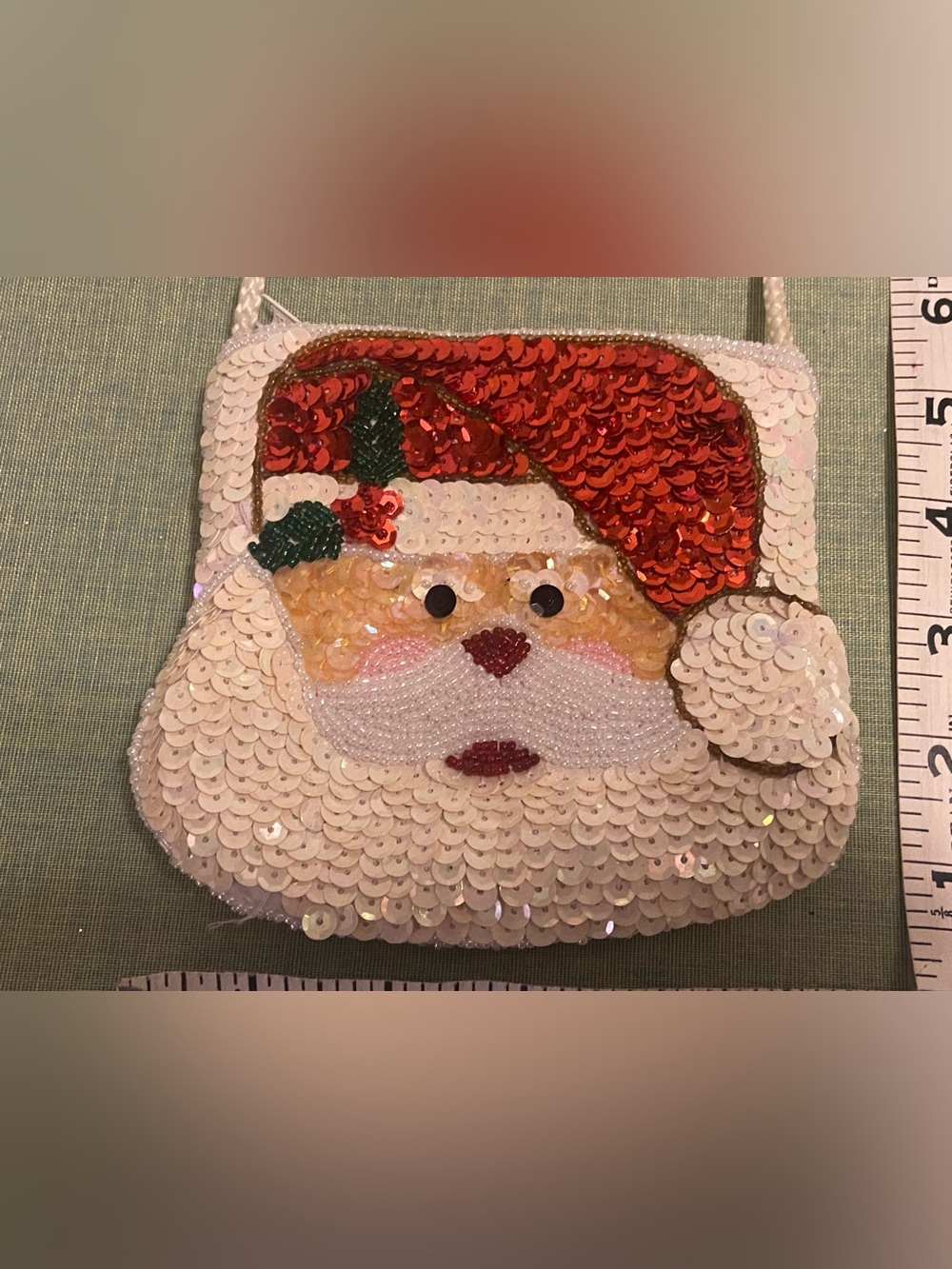 Sequined Santa Crossbody Bag in Red White. Please Note- Strap needs cleaning.